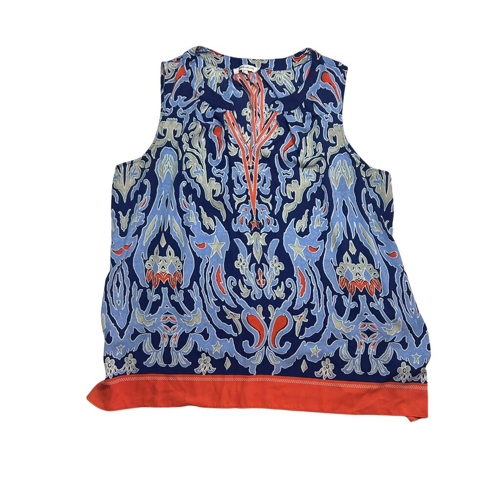 Rose + Olive 2X Blue Orange Ikat Paisley Keyhole Neck Tank Blouse Office Boho